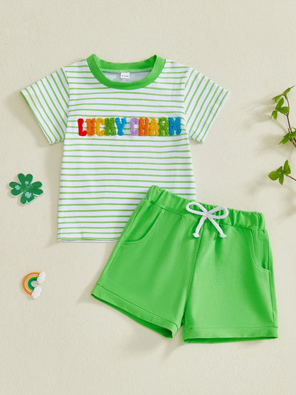 Summer St. Patrick's Day Kids Baby Boys Clothes Set Short Sleeve Letter Embroidery T-Shirt Shorts Outfits Clothes