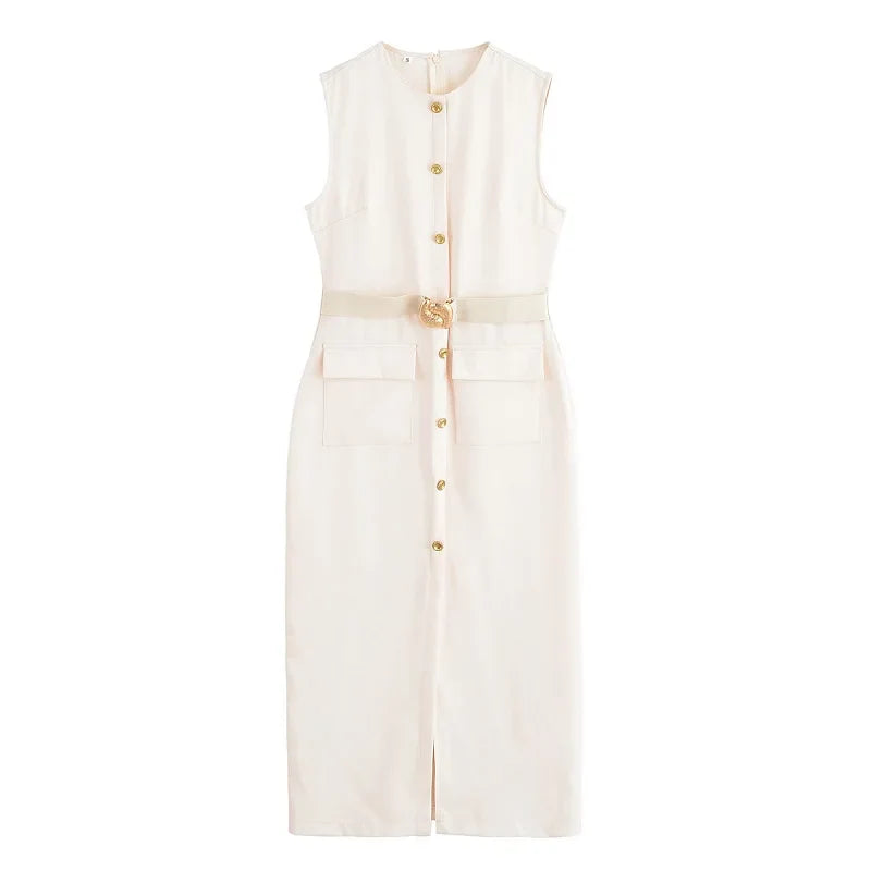 Womens Dresses Black Office Long Dresses for Women Spring Sleeveless Midi Dress Woman Belt Button Women's Dress Vest