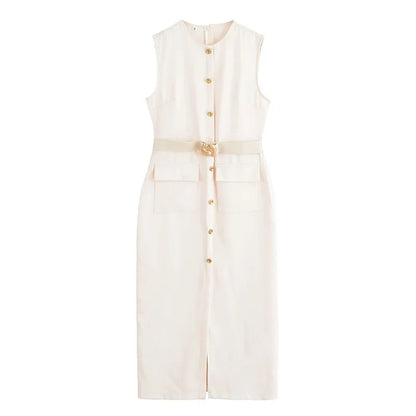 Womens Dresses Black Office Long Dresses for Women Spring Sleeveless Midi Dress Woman Belt Button Women's Dress Vest