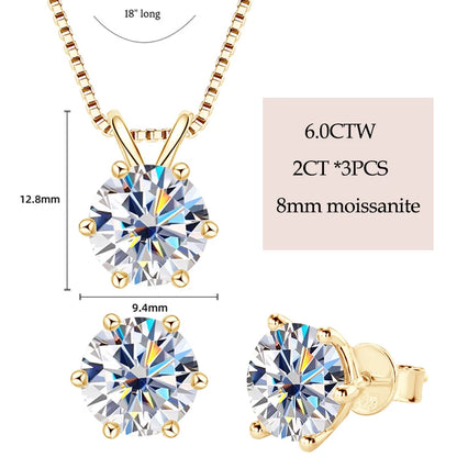 Real 925 Silver Moissanite Jewelry Set Gold Plated 0.5-2ct Stud Earrings Solitaire Pendant Necklace Set for Women Men Gift