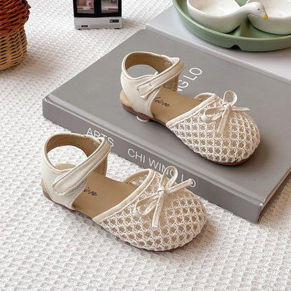 Girl's Sandals Breath-mesh Braided Adorable Summer Kids Sliders Bowtie Beige Sliver Round Toe All-match Childern Shoes 23-33