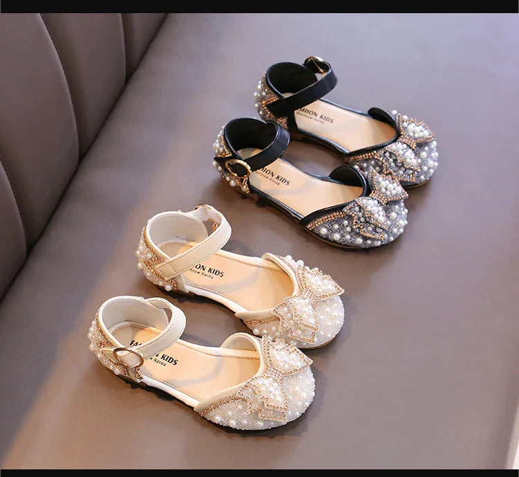 Girls Party Shoes Elegant Rhinestone Fashion Children's Leather Shoes Versatile Sweet Kids Princess Wedding Dress Flats Sandals