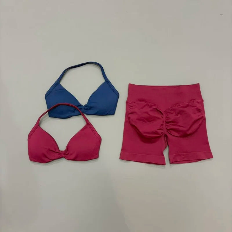 2 Piece Gym Sets Woman Sports Strappy Bra Seamless Set Quick Dry Fitness Squat Proof Shorts Sportswear Running Workout Suit