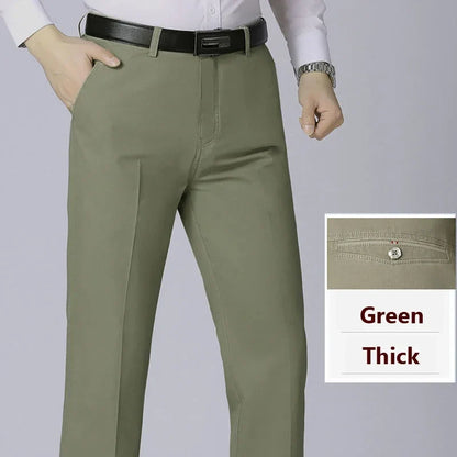 Men's Spring Autumn 100% Cotton Middle-aged Business Trousers Straight Slacks High Waist Dad's Thin Thick Casual Male Suit Pants