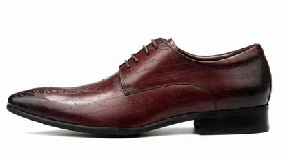Stylish Letter-printed Men's Business Leather Shoes Korea Style Wedding Derby Shoes Lace-up Pointed Toe Dress Shoes Man Wine-red