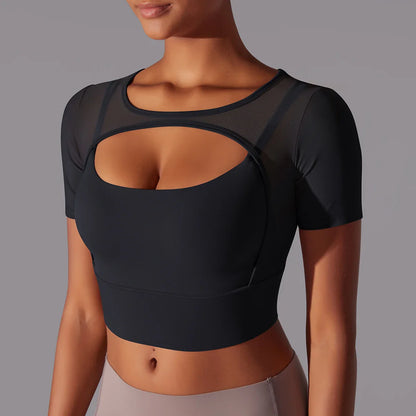 Women's Mesh Yoga Shirt Sexy Short Sleeve T-Shirt Sport Top Blouse Cover Up Quick Dry Gym Clothes Running Fitness Tank Sportwear