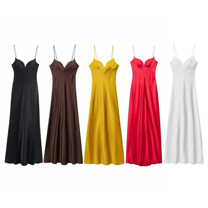 Women Red V-Neck Holiday Style Satin Texture Long Dress Sleeveless Summer Women's Back Zipper Fashion Sling Dresses