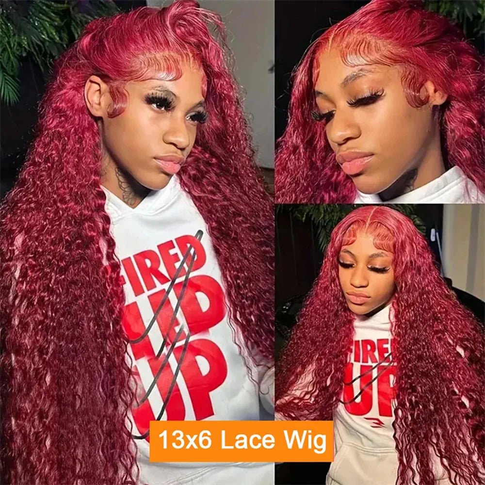 99J Burgundy Lace Front Wigs Human Hair 13x6 Deep Wave HD Lace Frontal Wigs Pre Plucked Human Hair Curly Wigs for Women 36 Inch