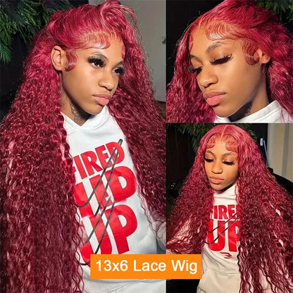 99J Burgundy Lace Front Wigs Human Hair 13x6 Deep Wave HD Lace Frontal Wigs Pre Plucked Human Hair Curly Wigs for Women 36 Inch