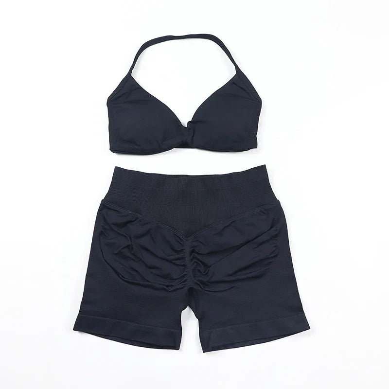 Scrunch Seamless Yoga Set Women Sportswear Ribbed Gym Shorts Strappy Sports Bra 2 Piece Set Halter Workout Clothes Fitness Suit
