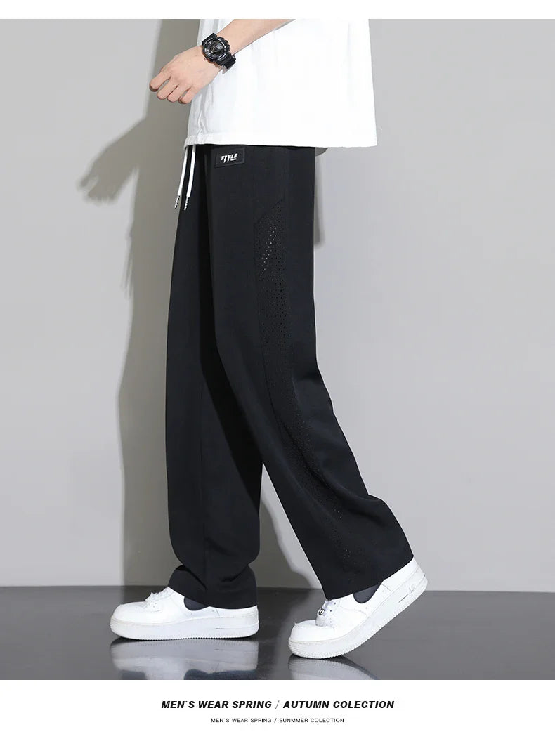 Men's Ice Silk Pants Summer Thin Style Drape Effect Loose Straight Casual Long Pants Trendy Brand Wide‑Leg Sports Pants for Boys
