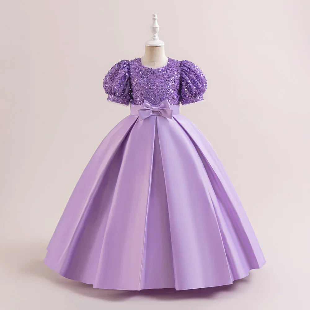 Summer Sequin Bridesmaids Party Girl Dress Elegant Bow Wedding Princess Prom Kids Dress For Girls Gala Birthday Evening Costumes