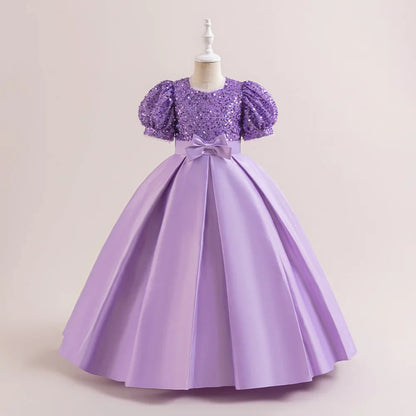 Summer Sequin Bridesmaids Party Girl Dress Elegant Bow Wedding Princess Prom Kids Dress For Girls Gala Birthday Evening Costumes