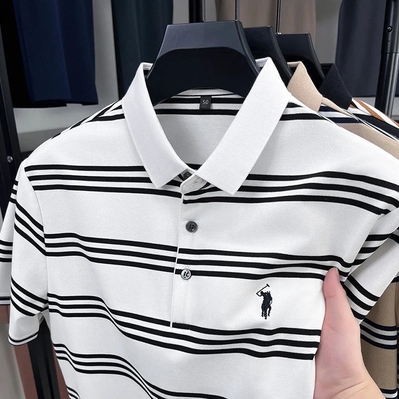 Men's Short Sleeve Embroidered Striped Polo Shirt Summer High End Brand Fashion Business Breathable Lapel T-shirt Men's Clothing