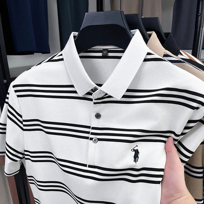 Men's Short Sleeve Embroidered Striped Polo Shirt Summer High End Brand Fashion Business Breathable Lapel T-shirt Men's Clothing