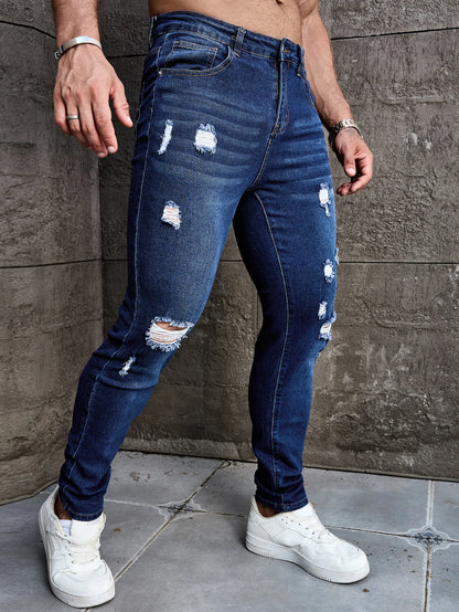 Men's Deep Blue Skinny Fit Ripped Stretch Denim Jeans Versatile and Easy Match Men's Pants Elastane Fabric Everyday Wear