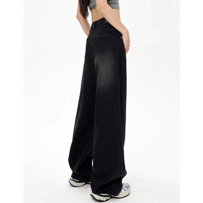 Lady Retro Black Gray High Waist Jeans Pants Women Fashion Straight Leg Denim Trousers Girls Loose Fit Thin Casual Pants