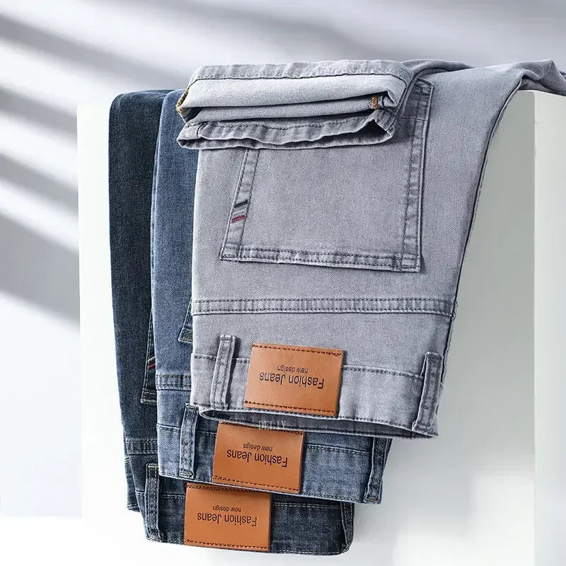 2026 Brand Thin or Thick Material Straight Cotton Stretch Denim Men's  Business Casual High Waist Light Grey Blue Jeans