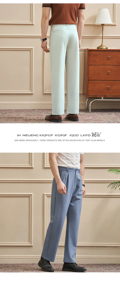 Men‘s Slim-Straight Fit Trousers for Spring & Summer Slim Fit Daily Work Trousers, Solid Color Street Suit Trousers