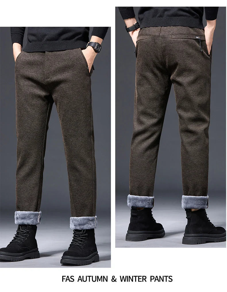 Men's Winter Fleece Elastic Casual Pants Thick Warm Soft Business Stretch Slim Trousers Streetwear Fashion Korean Brand Clothes