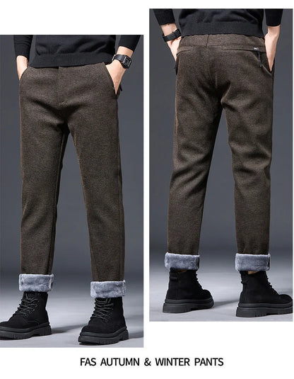 Men's Winter Fleece Elastic Casual Pants Thick Warm Soft Business Stretch Slim Trousers Streetwear Fashion Korean Brand Clothes