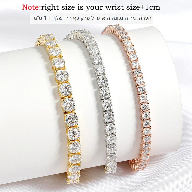 18k Gold Plated Moissanite Tennis Bracelet for Women 3/4/5mm Classic 925 Sterling Silver Certified Bracelet for Men Chain