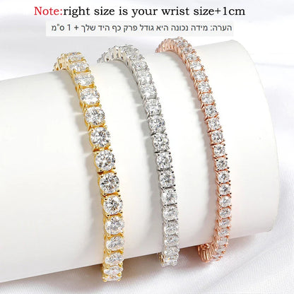 18k Gold Plated Moissanite Tennis Bracelet for Women 3/4/5mm Classic 925 Sterling Silver Certified Bracelet for Men Chain