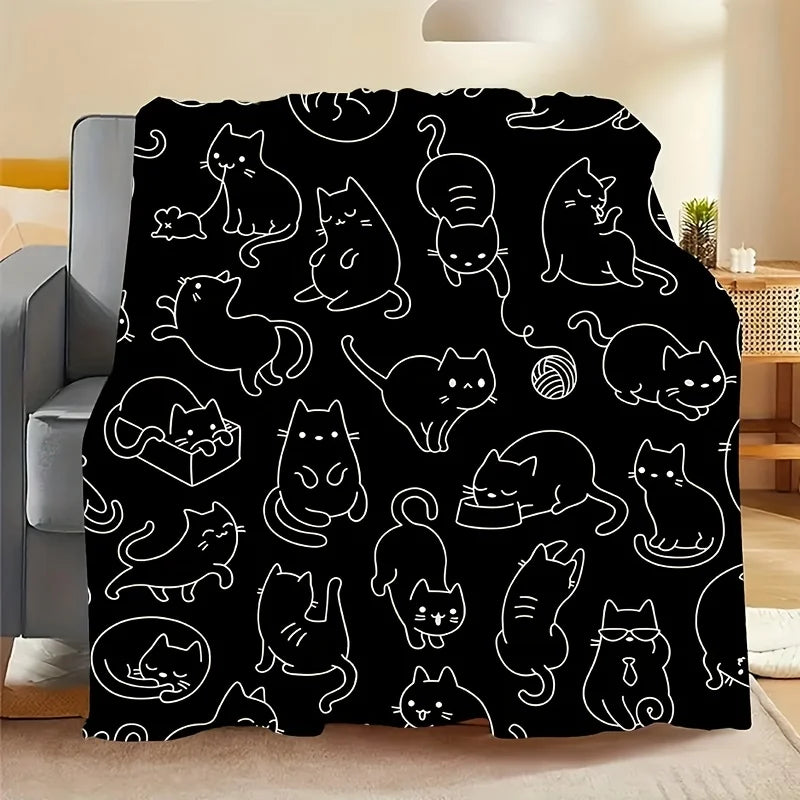 Cute Black White Kitten Flannel Blanket - Soft Warm All-Season Throw for Sofa/Bed/Office/Travel, Fashionable Gift for Cat Lovers