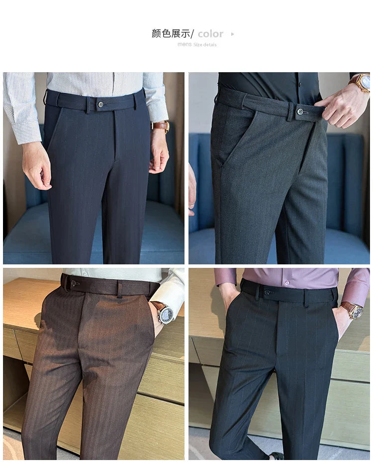 Men's Wool Blend Dress Pants, Elastic Waist Business Trousers, Tapered Slim Fit, Charcoal Gray Black Navy