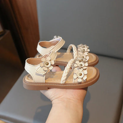 Girls Beige Braided 3D Flower Princess Sandals, Hook-and-Loop Soft Elastic Non-Slip Wear-Resistant Rubber Sole Lightw