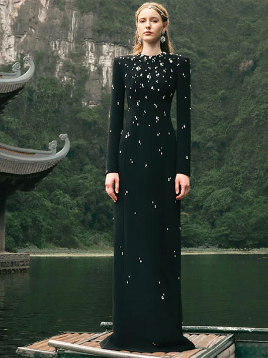 Designer Fashion Women's Rhinestone Diamonds Beaded Long Maxi Dress