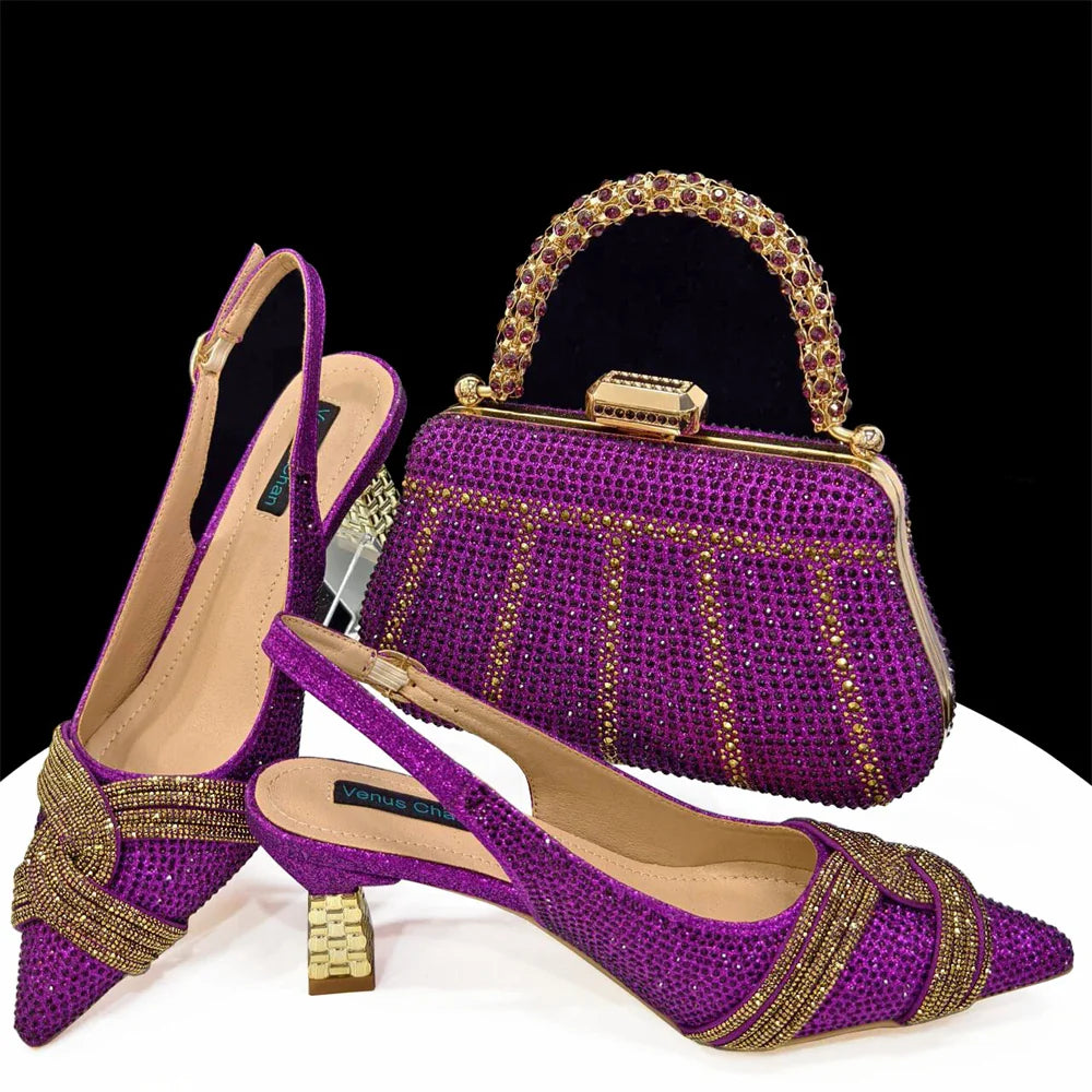 Special Design High Quality Orange Color African Women Shoes and Bag Set with Shinning Crystal for Wedding Party