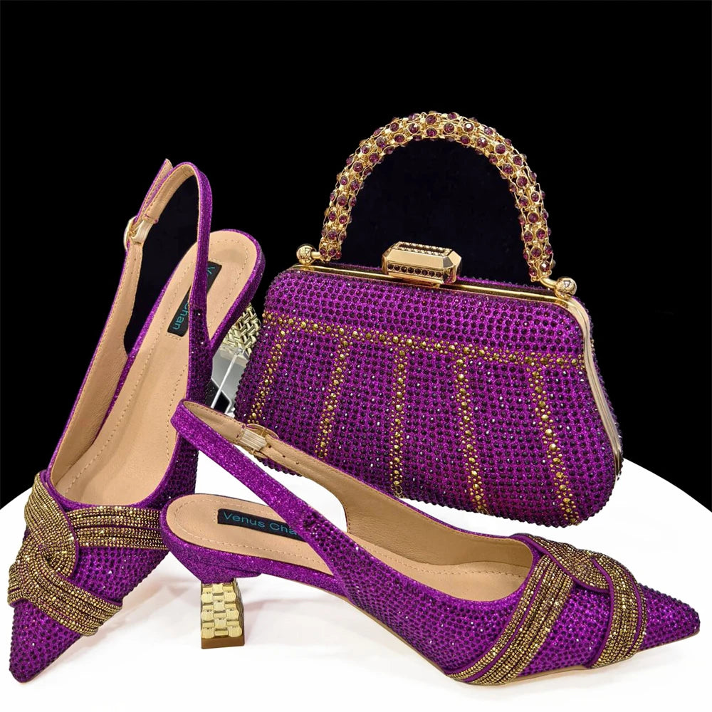 Nigerian Heel Party for Women Shoes and Bag Set Champagne Colour Rhinestone Handbag Italian Design Wedding INS 2024