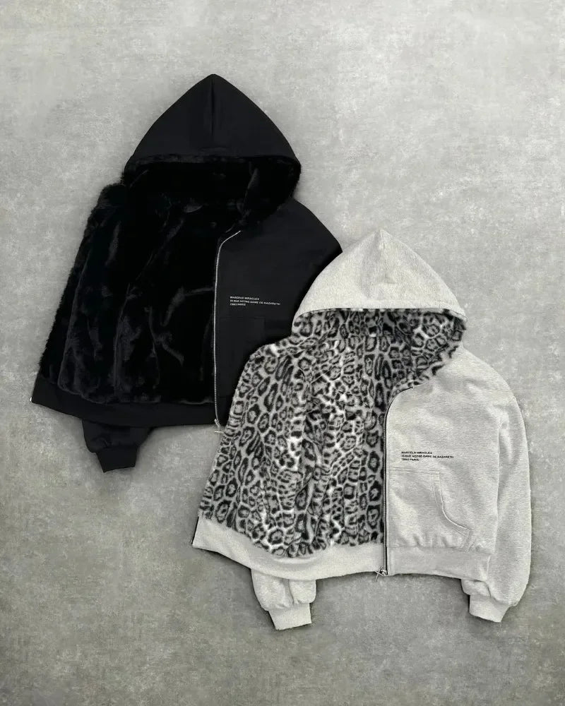 Hip-hop Nova Roupa Dupla Face Harajuku Retro Estampa de Leopardo Moda Solta Zíper Moletom Masculino Street Casual Feminino