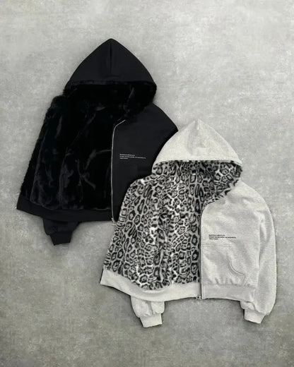 Hip-hop Nova Roupa Dupla Face Harajuku Retro Estampa de Leopardo Moda Solta Zíper Moletom Masculino Street Casual Feminino