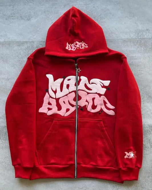 Moletom com zíper e capuz estampado com estrelas e letras estilo retrô americano, Y2K, primavera/outono, unissex, preguiçoso, marca de moda, jaqueta de cardigã