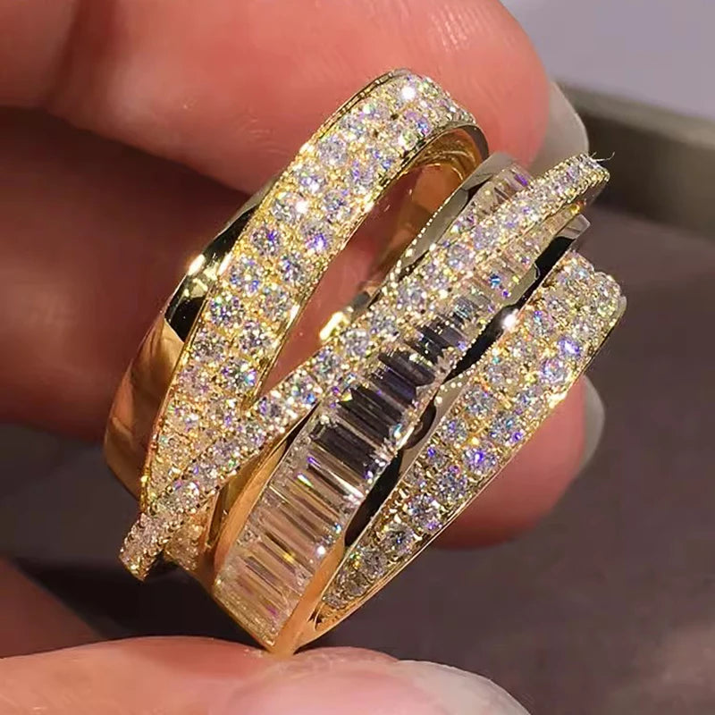 Gold Color Rings Gorgeous Women Wedding Accessories Full Sparkling Cubic Zirconia Party Luxury Trendy Jewelry