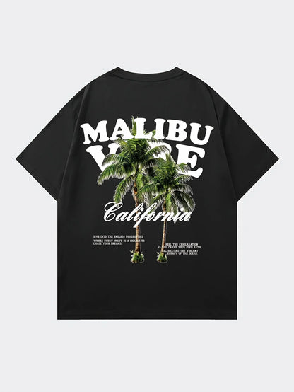 Vibrant Malibu Vibe Tee with Palm Tree and California Lettering Print on White 100% Cotton Men's T-shirt Summer Casual Wear