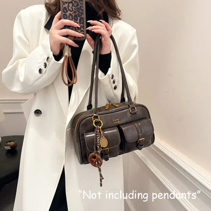 Women's Retro Solid Color Pu Leather Shoulder Bag with Multiple Pockets, Large Capacity, Exquisite and Fashionable Handbag