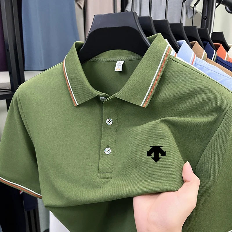 Men's Summer Solid Color Cool Breathable Luxury Polo Shirt Business Casual Collar T-shirt Short Sleeve Top