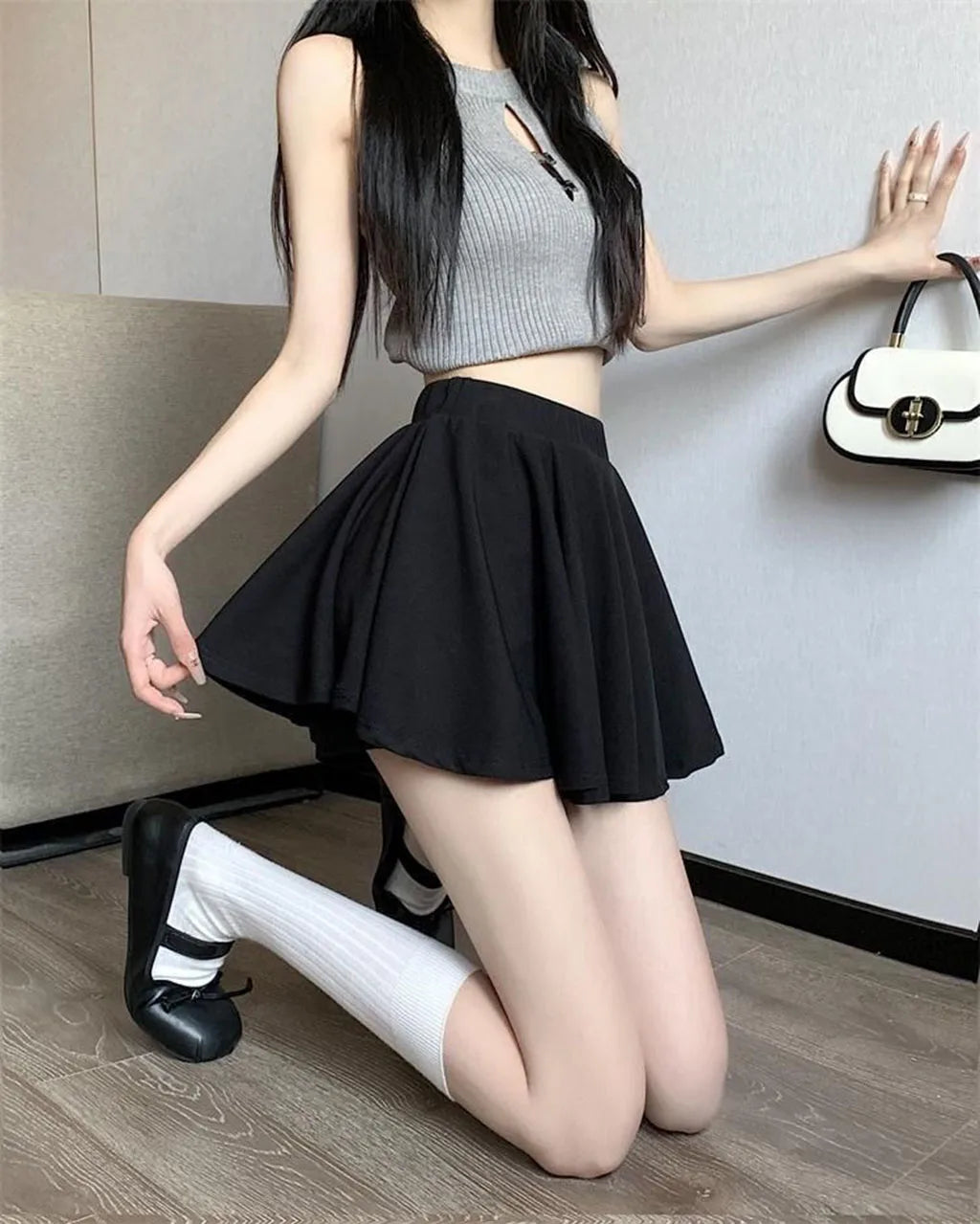 Black Pleated Mini Skirt Ballet Style High Waist Belt Meat Concealing Spring Summer Autumn New Style Slimming Short Skirt