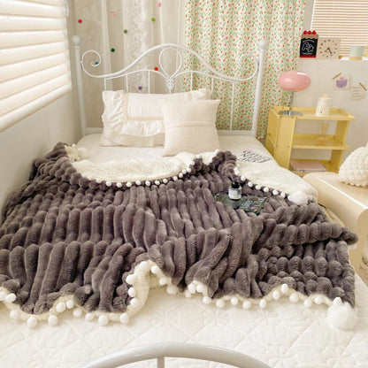 Solid Color Striped Fluffy Blanket Milk Velvet Soft Blanket with Cute Pompoms 3D Stereo Craft Travel Warm Bedding All Season