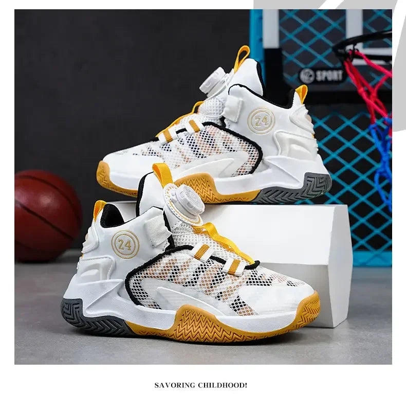 Boys Girls Quick Twist Lace Basketball Shoes Wear Resistant Comfortable Outdoor Athletic Footwear