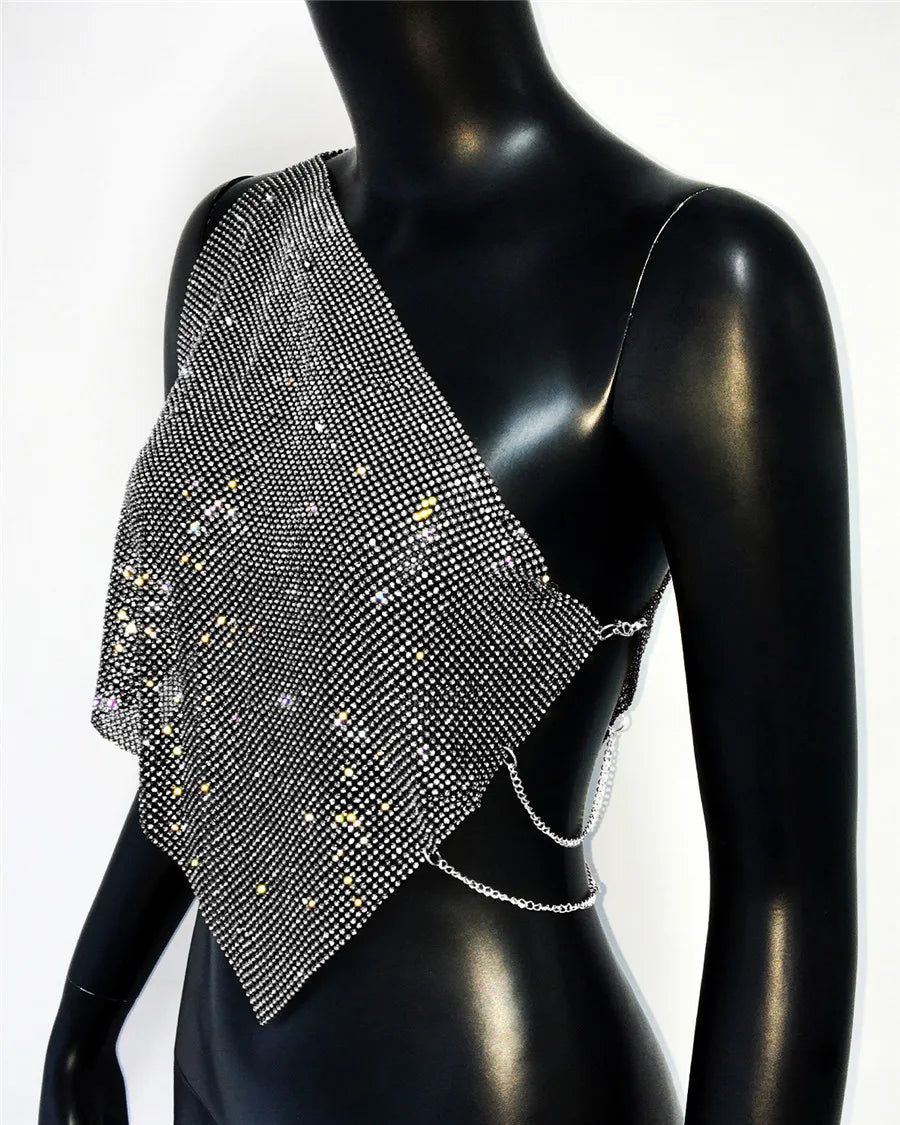 Shiny Rhinestone Metal Camisole For Women Sexy Backless Single shoulder Side Split Tank Tops Cocktail Party Club Crop Top Y2K