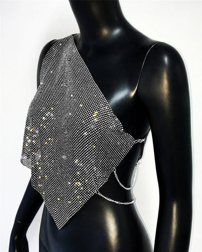 Shiny Rhinestone Metal Camisole For Women Sexy Backless Single shoulder Side Split Tank Tops Cocktail Party Club Crop Top Y2K