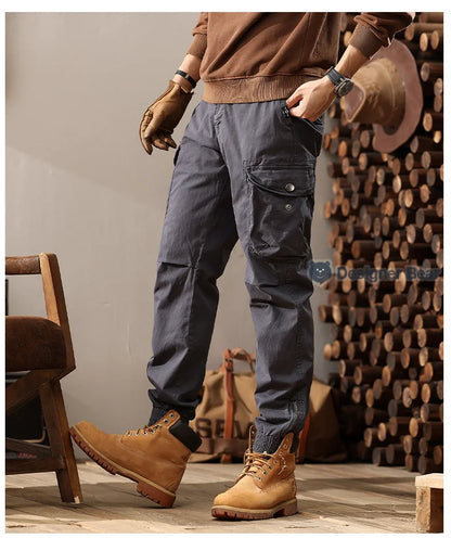Brand Clothing 2026 Spring Summer Men's Baggy Cargo Pants Multi-Pocket Work Joggers Casual Cotton Tapered Trousers Long Pants