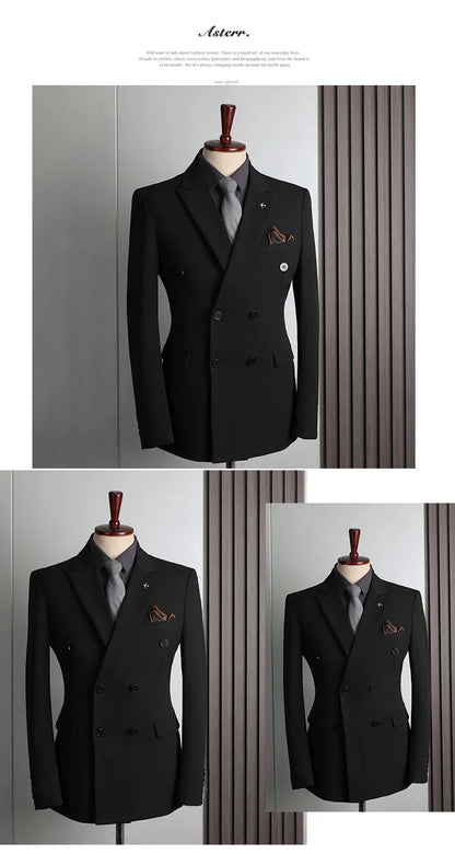 Man Suit Outfit Double-breasted Blazer Men V-neck Vest Straight-leg Pant Male Slim Business Wedding Three-piece Set