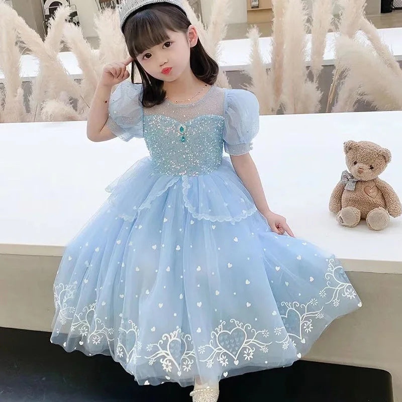 Vestido de princesa infantil de lantejoulas e tule azul com renda, xale de tule de floco de neve, festa infantil, vestido de princesa para formatura de menina