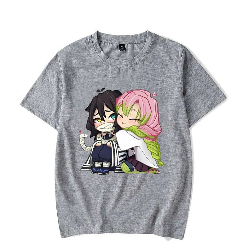 Funny Kanroji Mitsuri Iguro Obanai Cartoon Print T-Shirt Couple Loose Short Sleeve Round Neck Top Anime Casual Shirt Tees