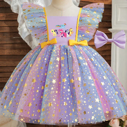 Vestido de Princesa My Little Pony para Meninas Lantejoulas Estrela Babados Laço Tutu Roupa Formal de Bebê Baile Gala Fantasia Infantil para Festas